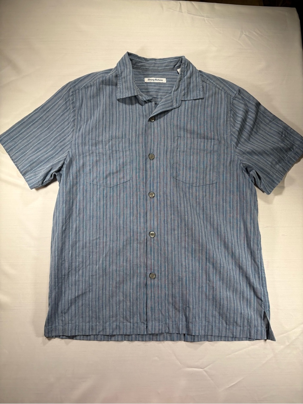 Tommy Bahama Mens L Blue Silk Blend Textured Striped Short Sleeve Shirt - Picture 2 of 8
